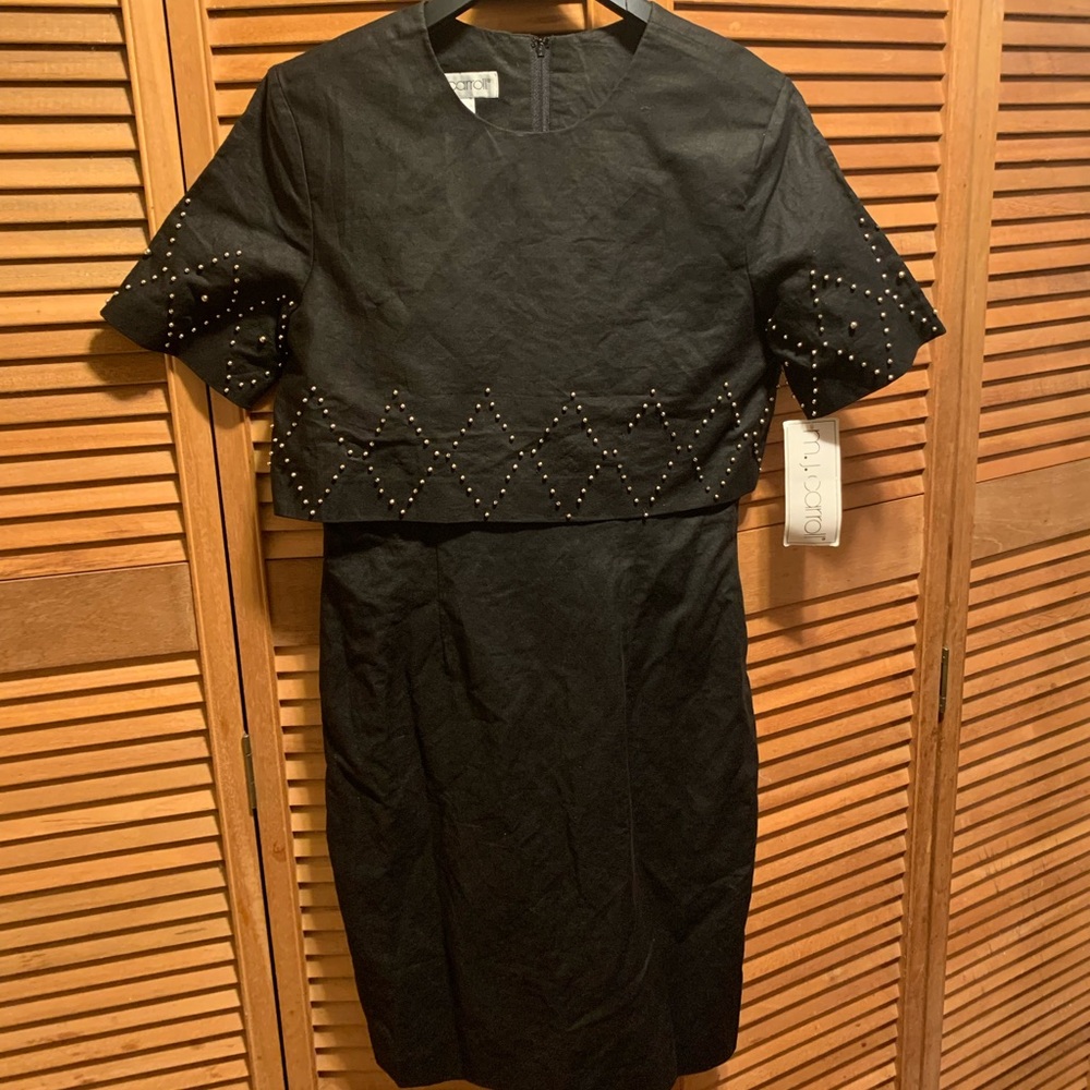 Vintage M.J.Carroll Black Linen-like Dress with Gold Beaded Embezzlements